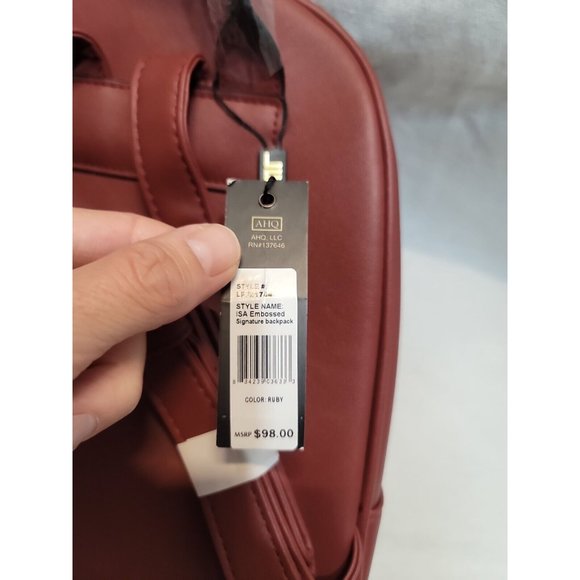 London Fog Collection ISA Embossed Signature Backpack Ruby Red NWT - Picture 4 of 8